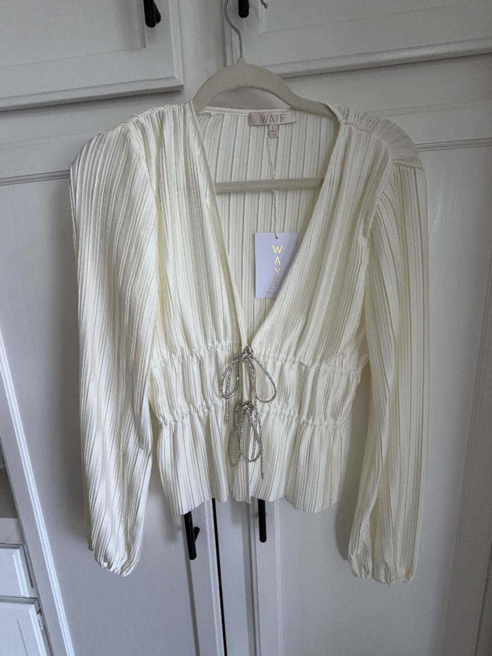 WAYF Ivory Pleated Rhinestone Tie Front Balloon Sleeve Blouse NWT S